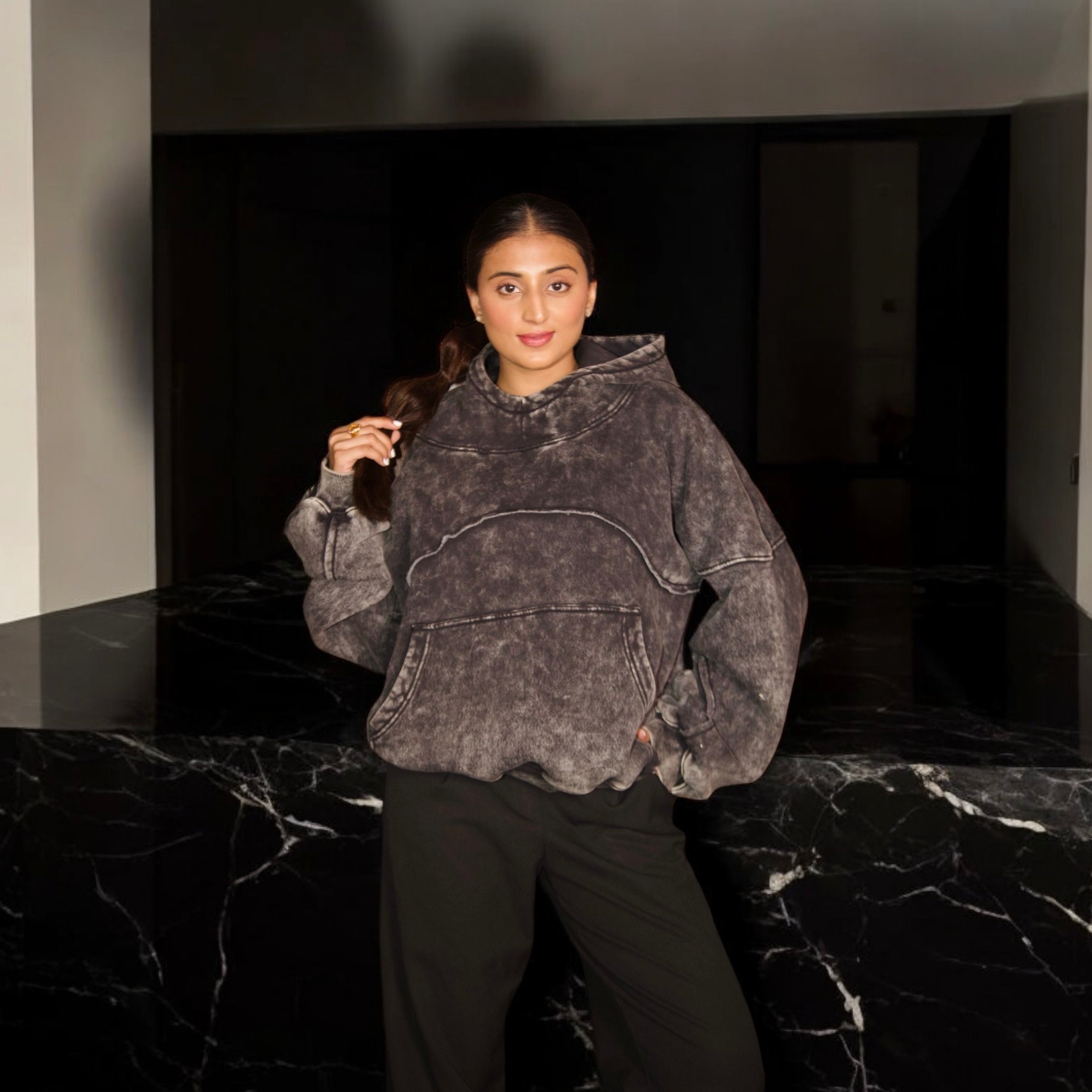 DISTRESSED WASHED CHARCOAL HOODIE