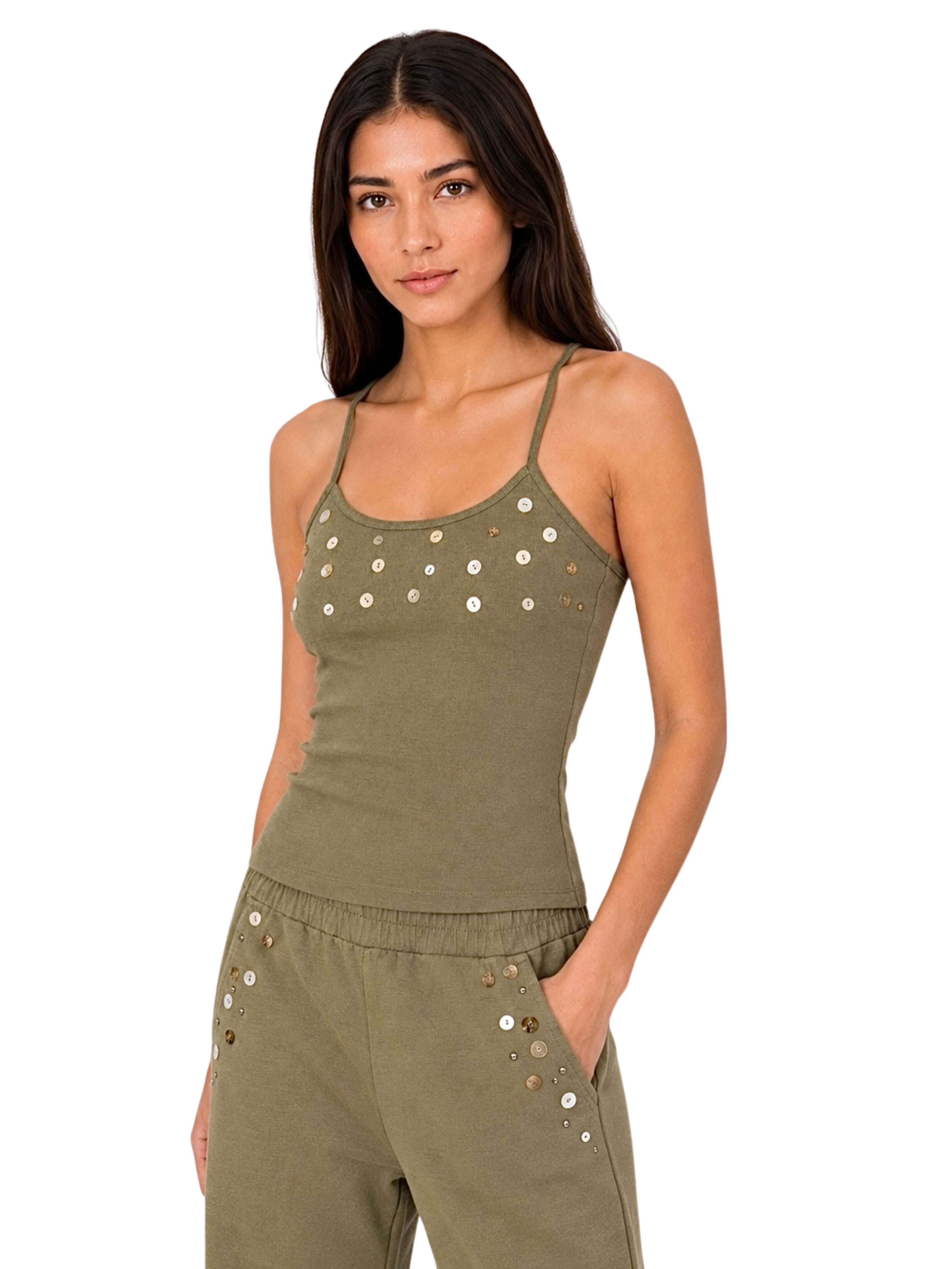 PISTACHIO IRIDESCENT BUTTON HALTER TOP